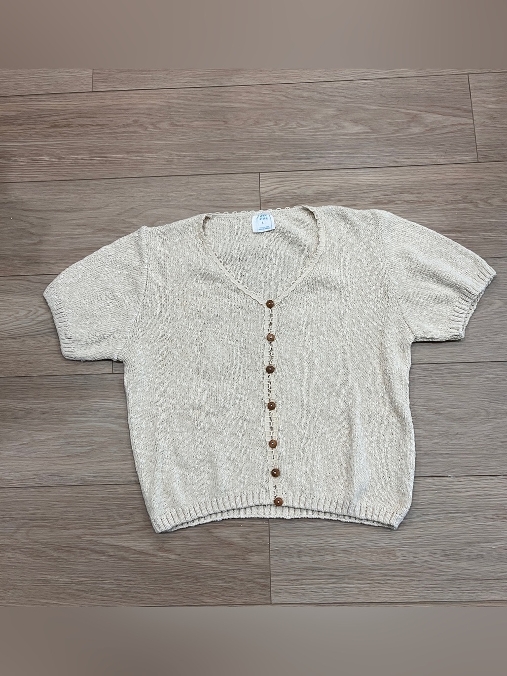 Y2K Cream Cotton Knit Short Sleeve Cardigan Coquette Cottagecore L